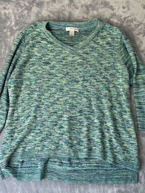 Christopher & Banks 3/4 Sleeve Aqua/White Cotton V-neck Sweater - Women’s XL